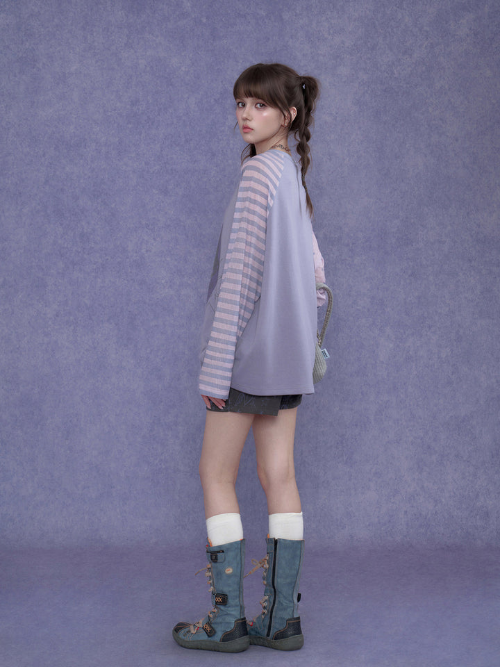 Kawaii Mismatched Sleeve Graphic Sweatshirt