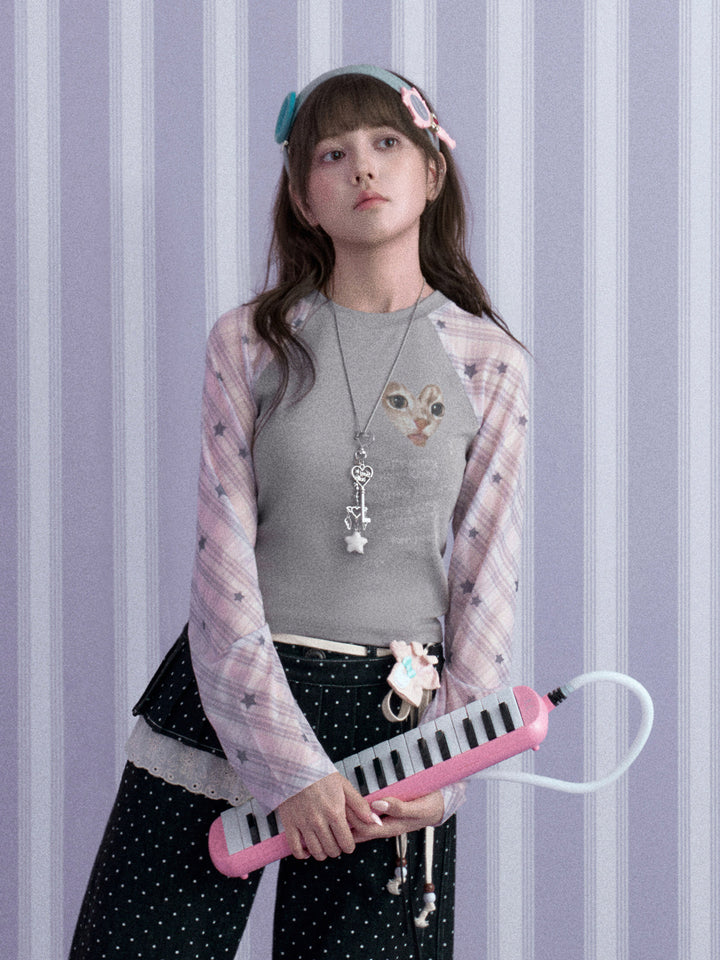 Y2K Cat Graphic Raglan Top