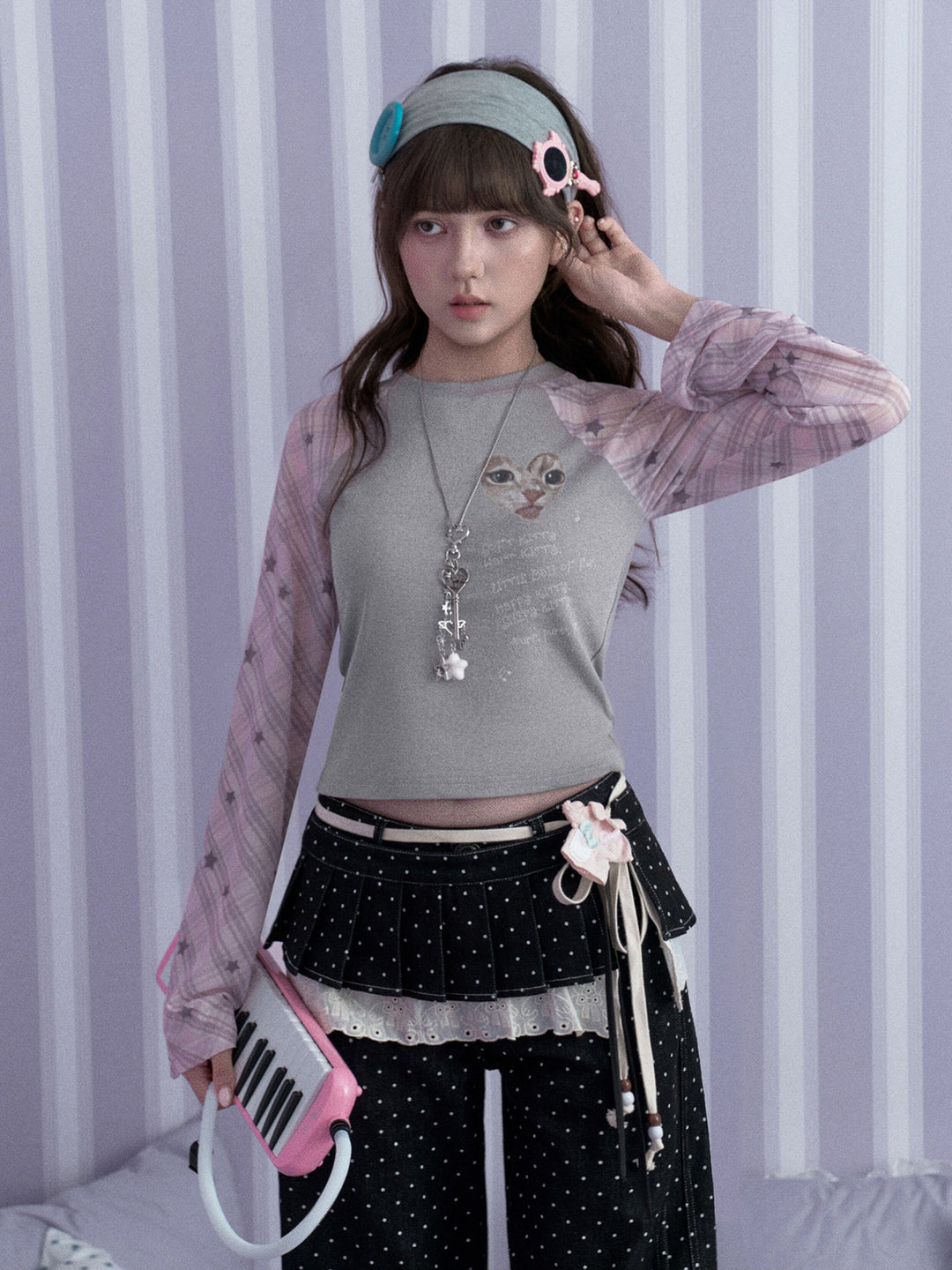Y2K Cat Graphic Raglan Top