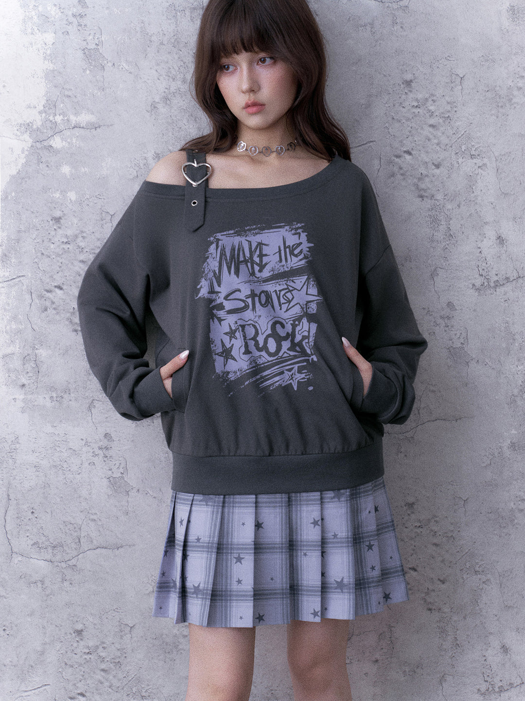 Grunge Graphic Faux Two-Piece Sweatshirt Dress