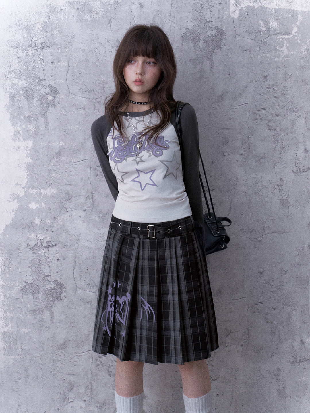 Grunge Angel Graphic Pleated Skirt