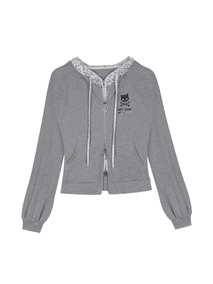 Leopard Cat Ear Layered Zip Hoodie