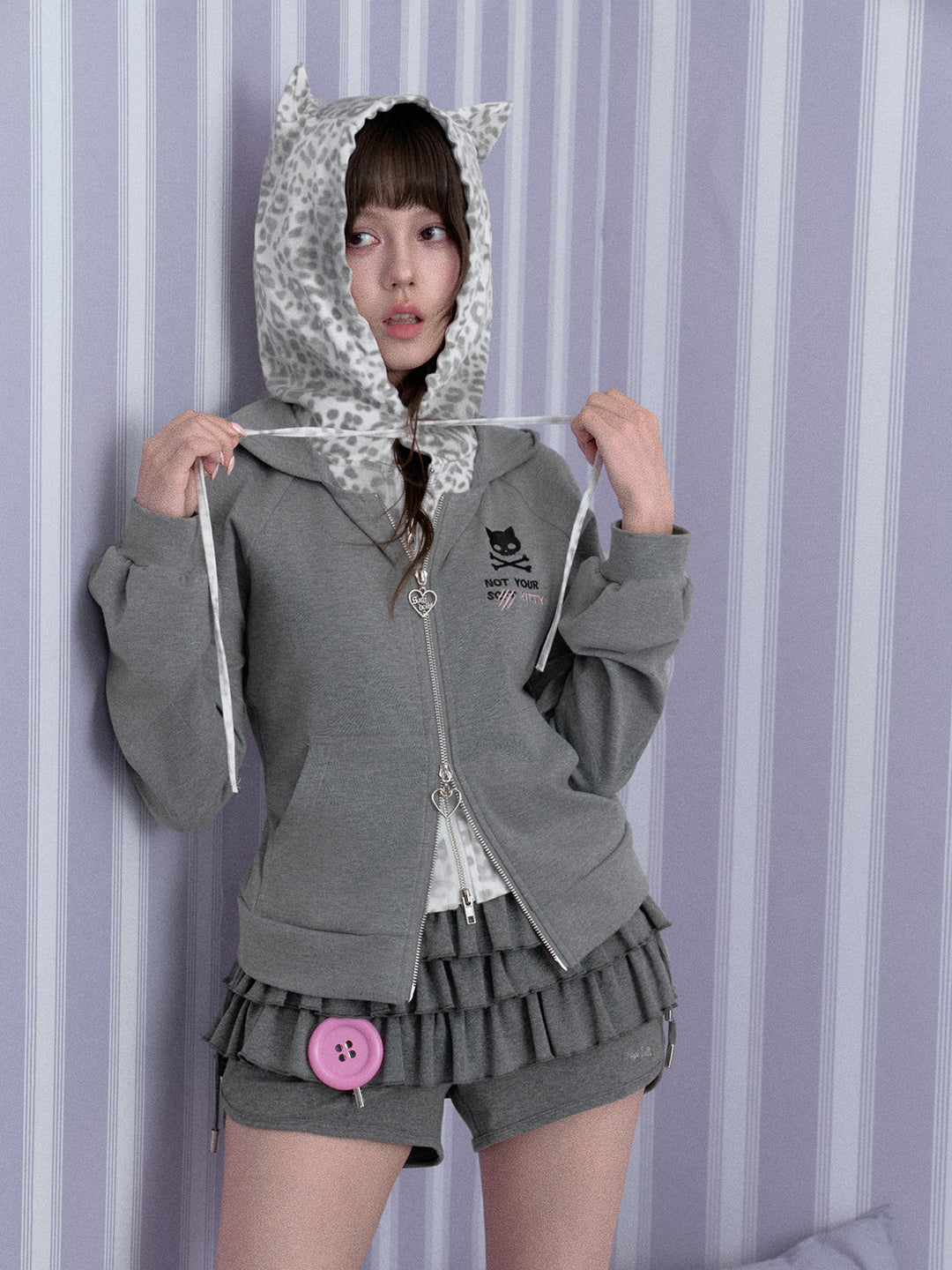 Leopard Cat Ear Layered Zip Hoodie
