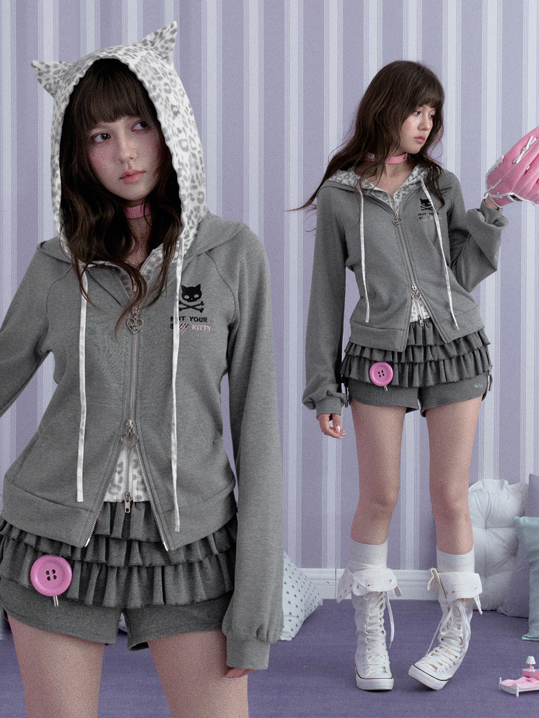 Leopard Cat Ear Layered Zip Hoodie