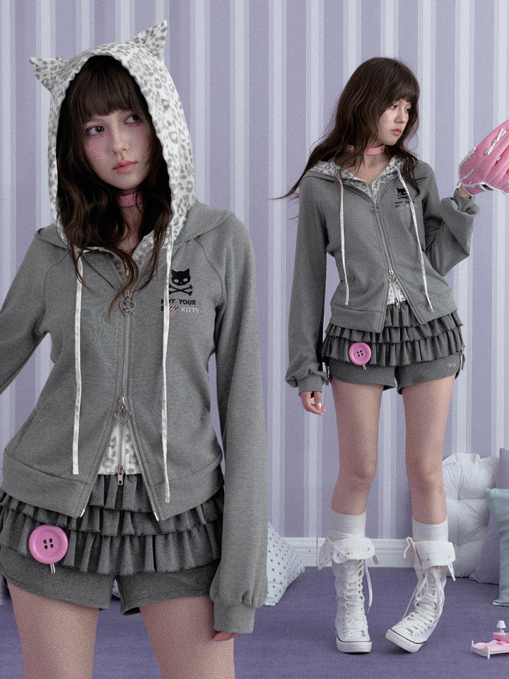 Leopard Cat Ear Layered Zip Hoodie
