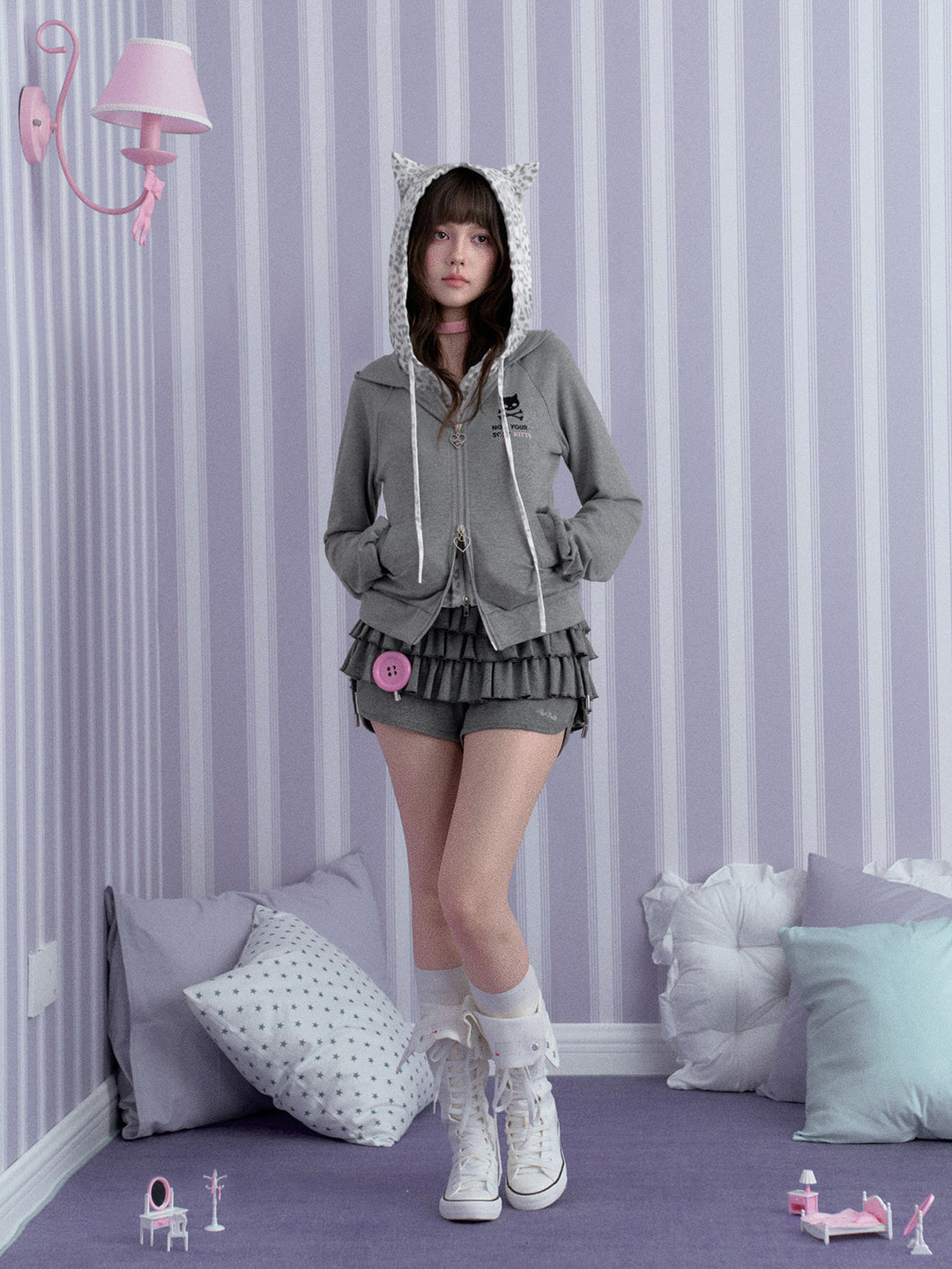 Leopard Cat Ear Layered Zip Hoodie