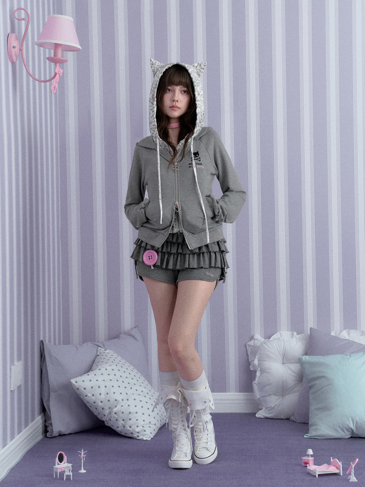 Leopard Cat Ear Layered Zip Hoodie