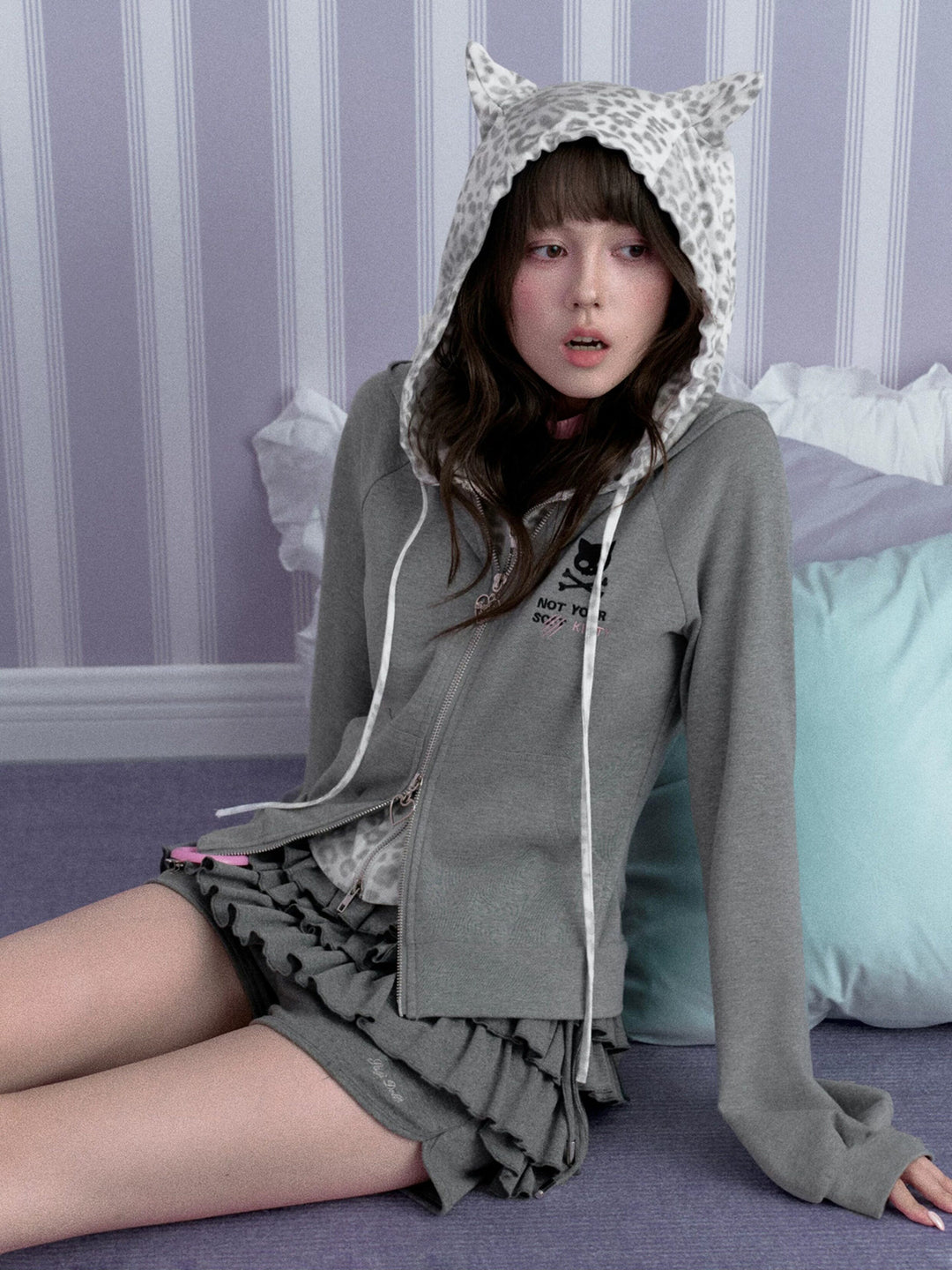 Leopard Cat Ear Layered Zip Hoodie