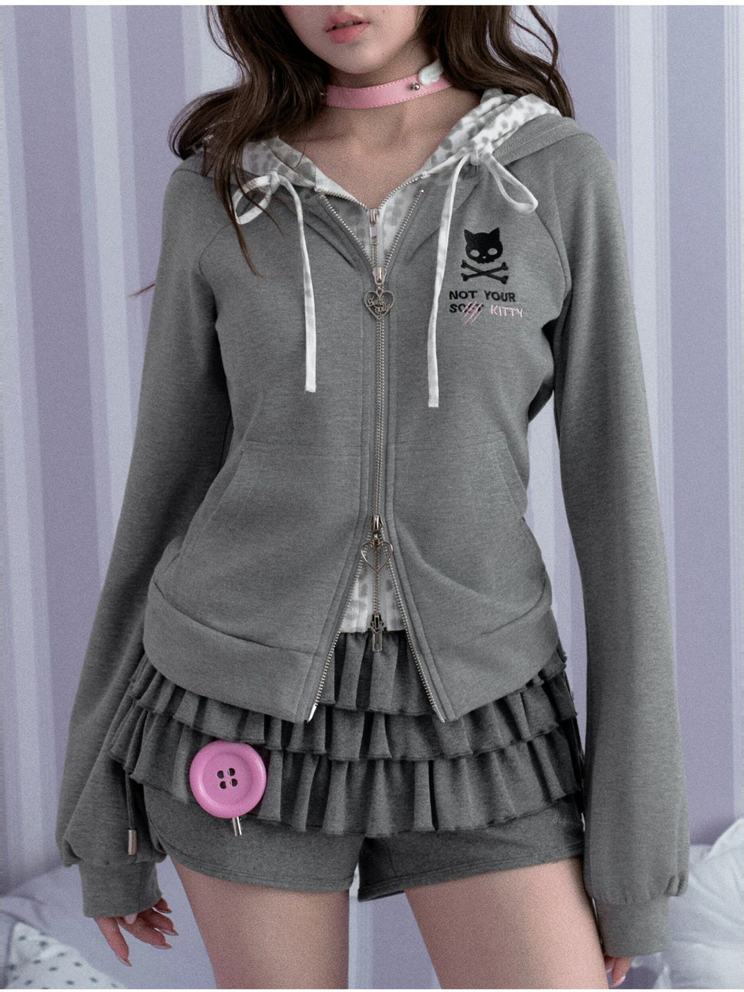 Leopard Cat Ear Layered Zip Hoodie