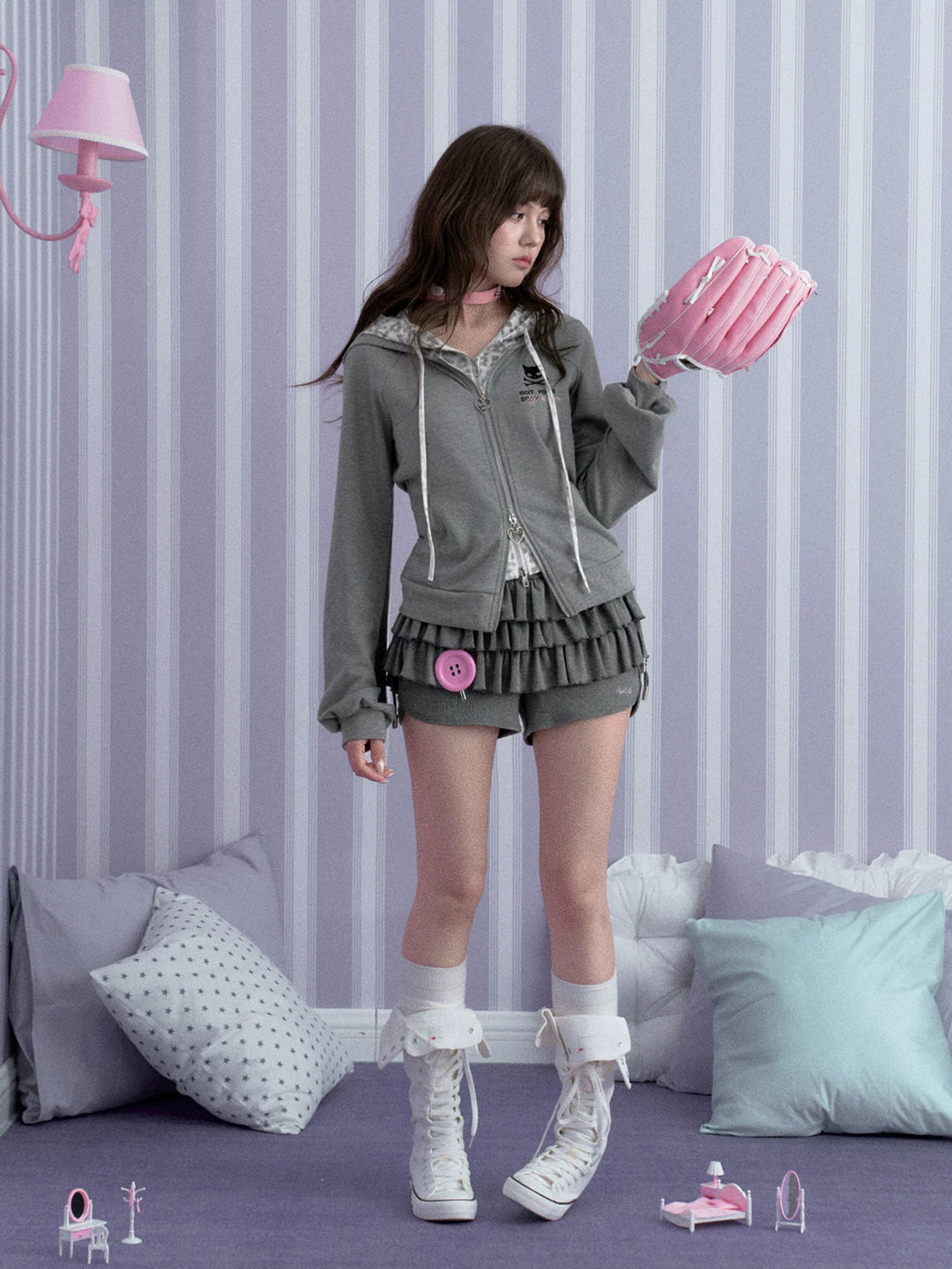 Leopard Cat Ear Layered Zip Hoodie