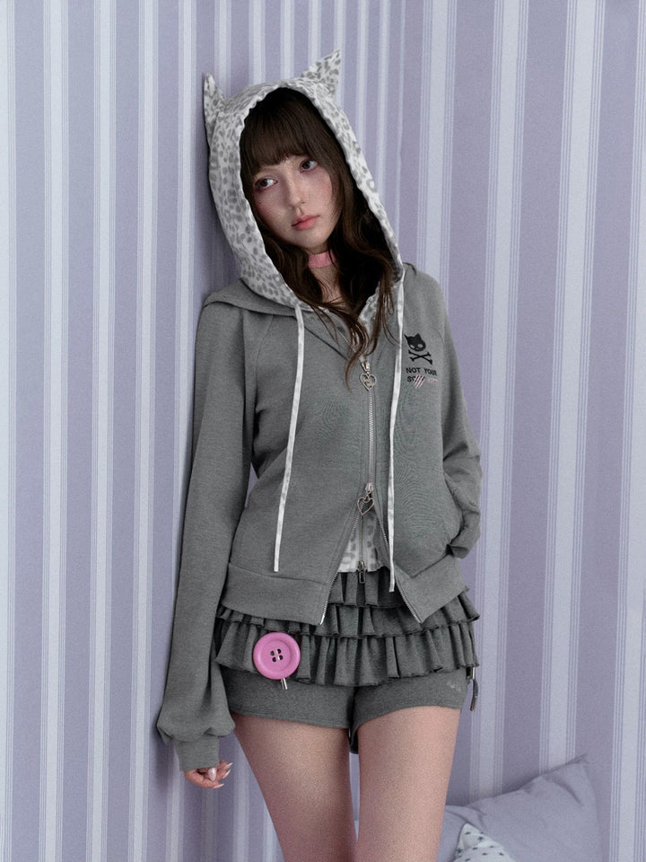 Leopard Cat Ear Layered Zip Hoodie