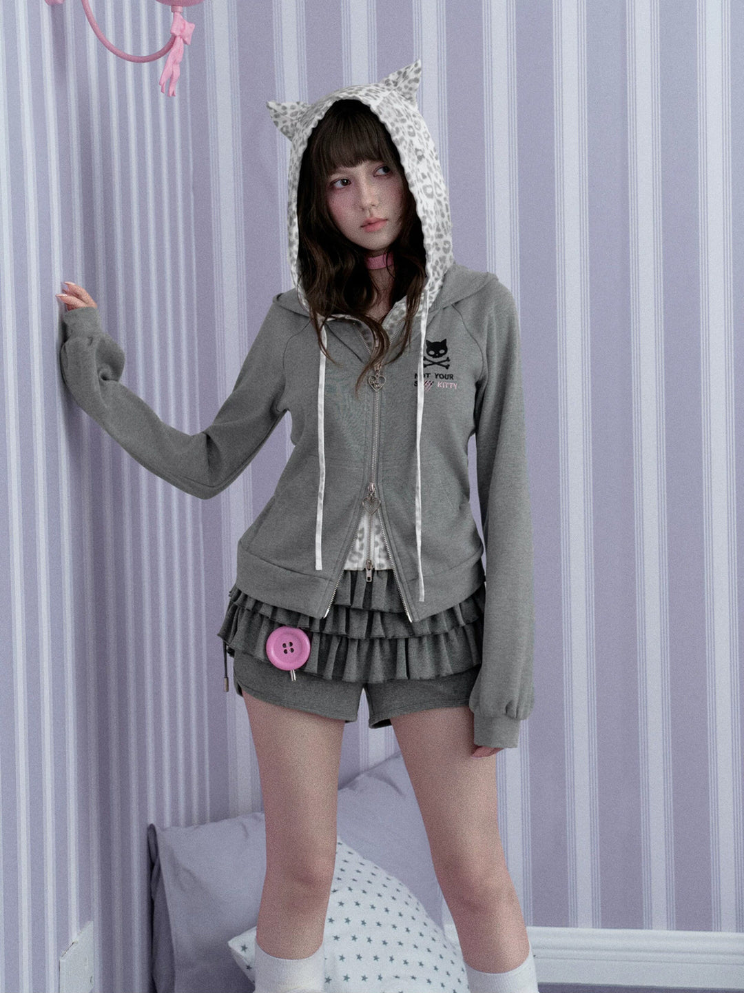 Leopard Cat Ear Layered Zip Hoodie