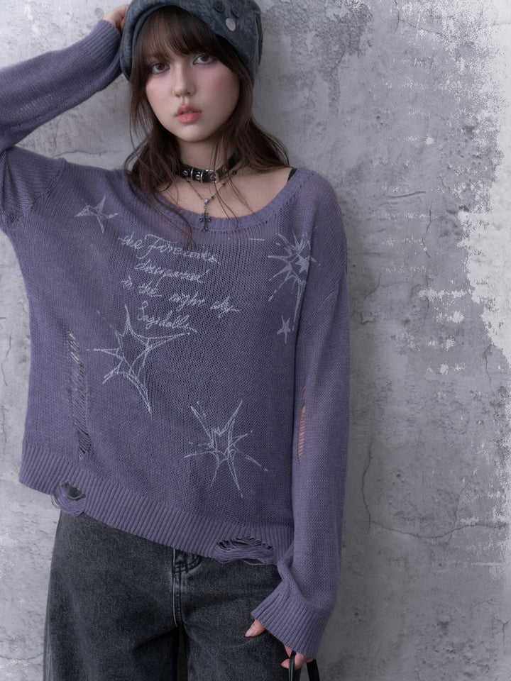 Y2K Celestial Distressed Knit Sweater