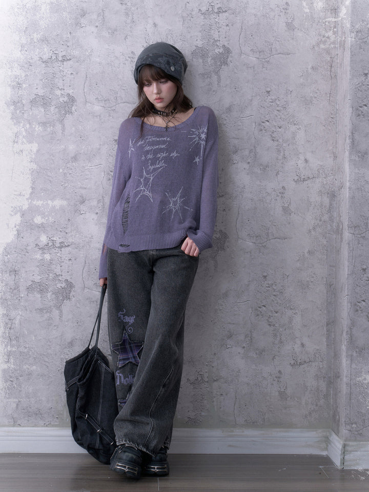 Y2K Celestial Distressed Knit Sweater