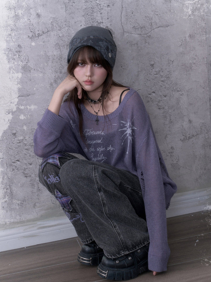Y2K Celestial Distressed Knit Sweater