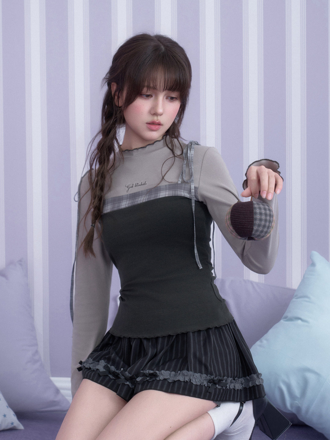 Acubi Plaid Layered Long Sleeve Top