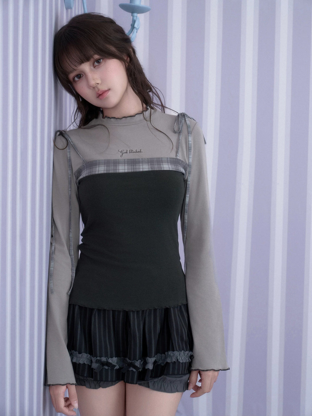 Acubi Plaid Layered Long Sleeve Top