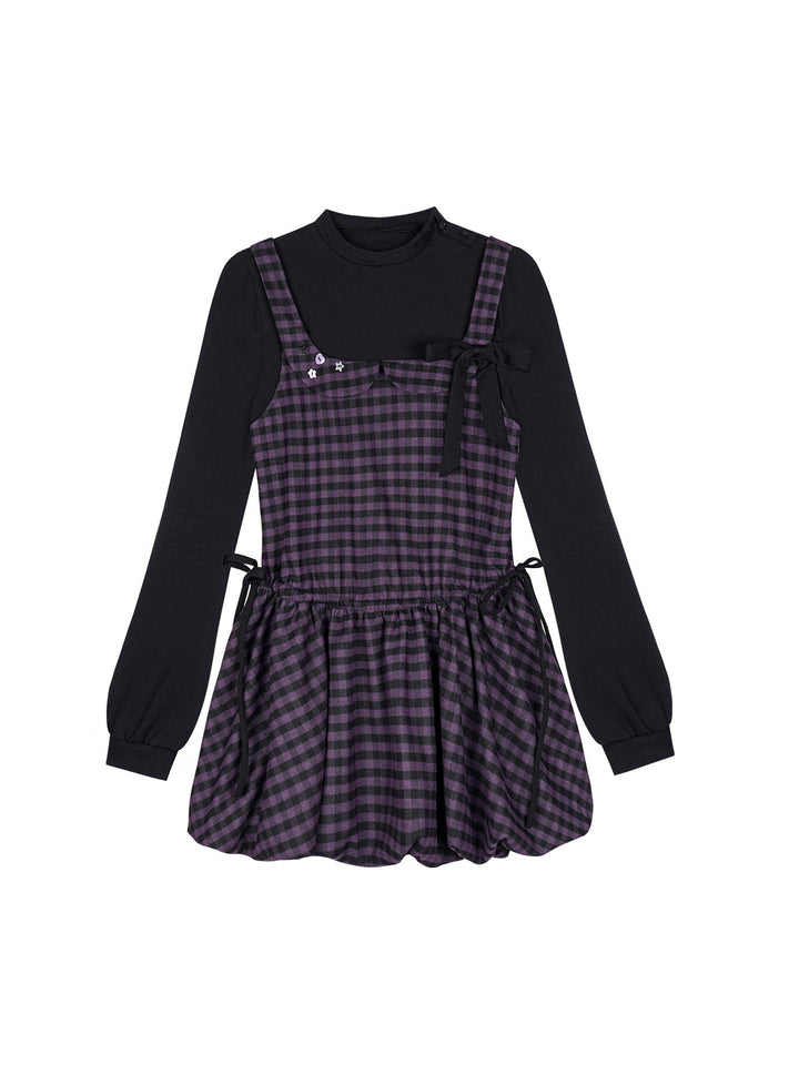Purple Plaid Faux Two-Piece Mini Dress