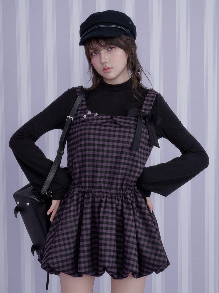 Purple Plaid Faux Two-Piece Mini Dress