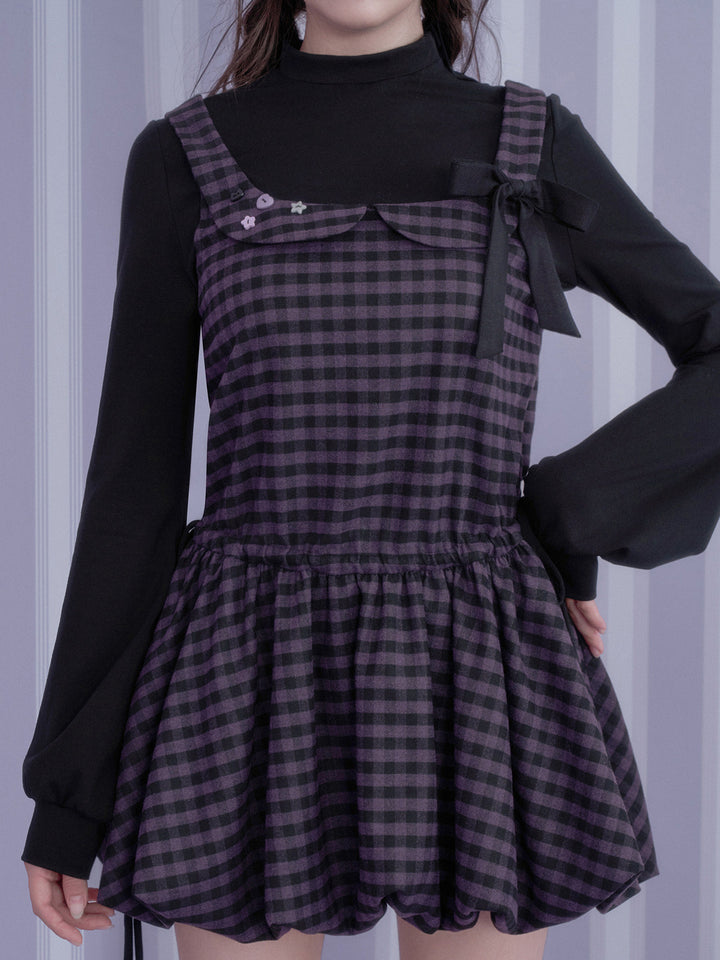 Purple Plaid Faux Two-Piece Mini Dress