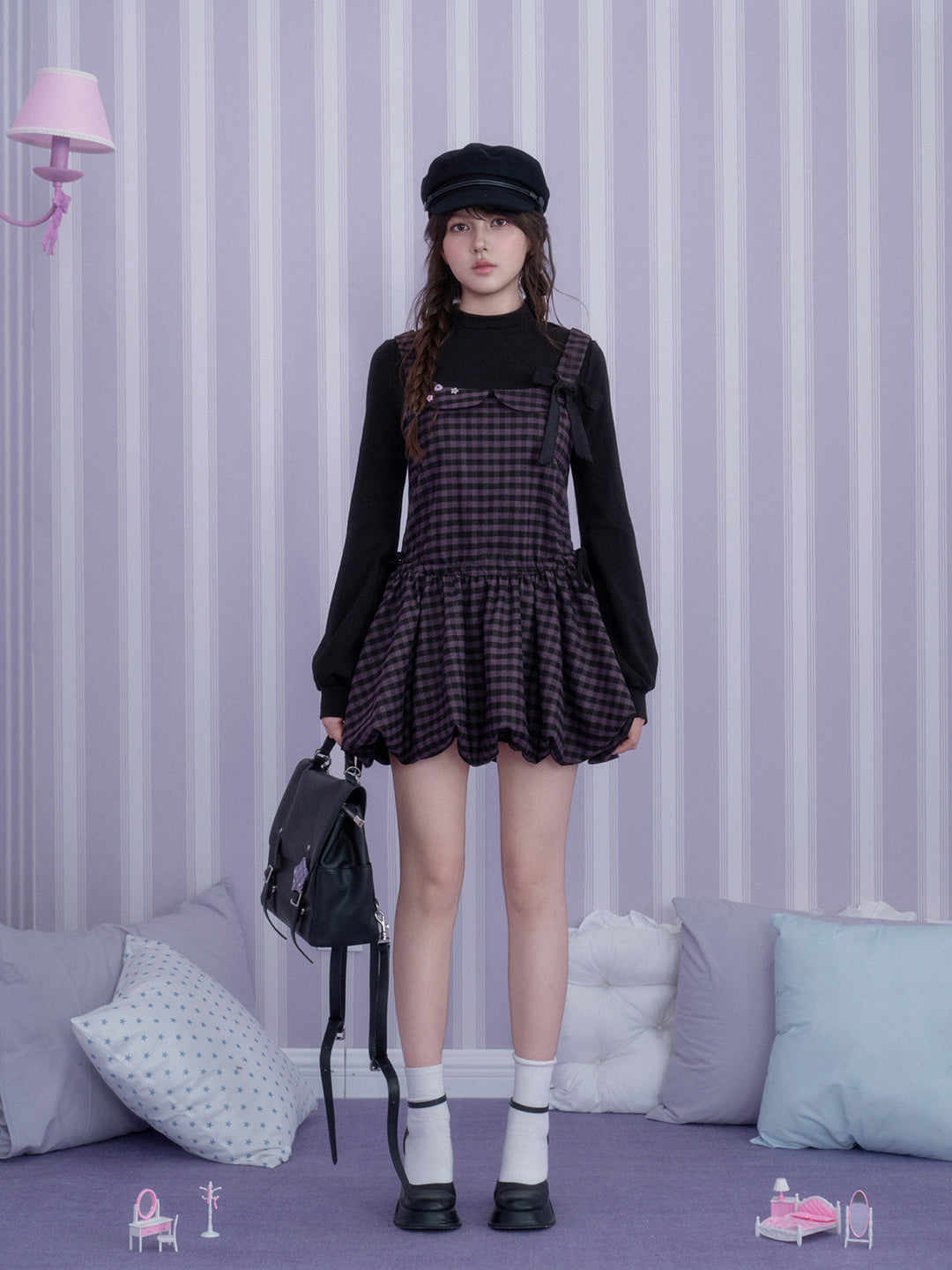 Purple Plaid Faux Two-Piece Mini Dress