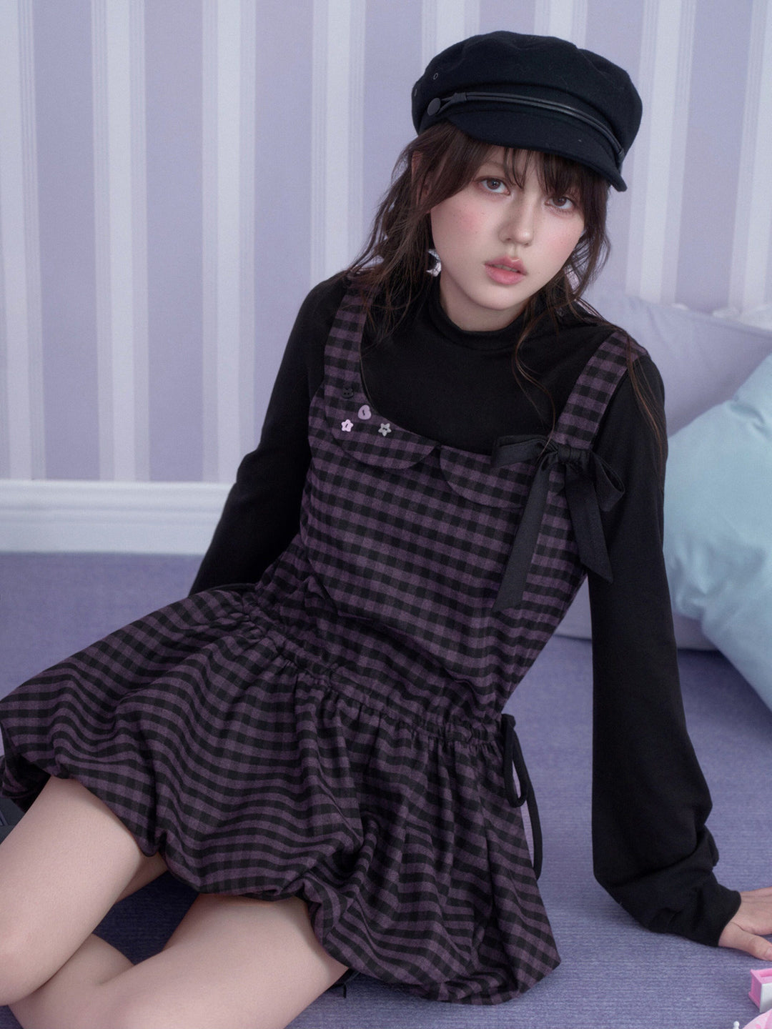 Purple Plaid Faux Two-Piece Mini Dress