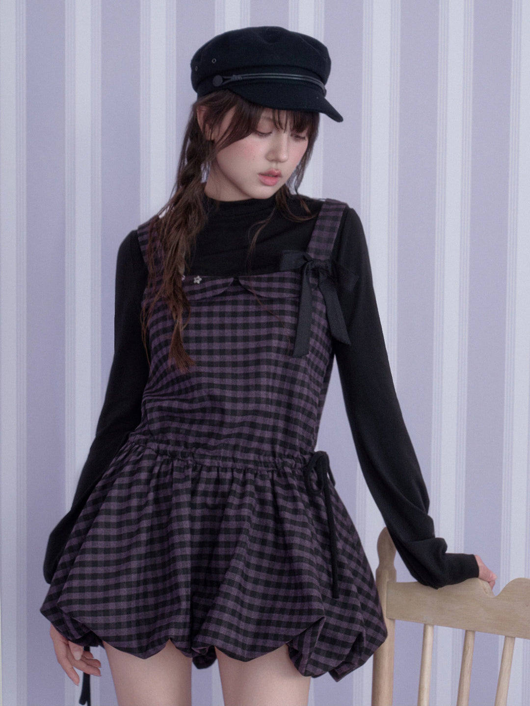 Purple Plaid Faux Two-Piece Mini Dress