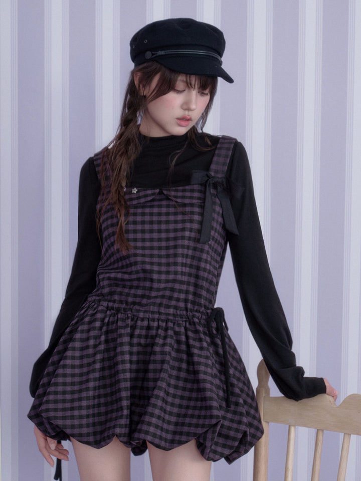 Purple Plaid Faux Two-Piece Mini Dress