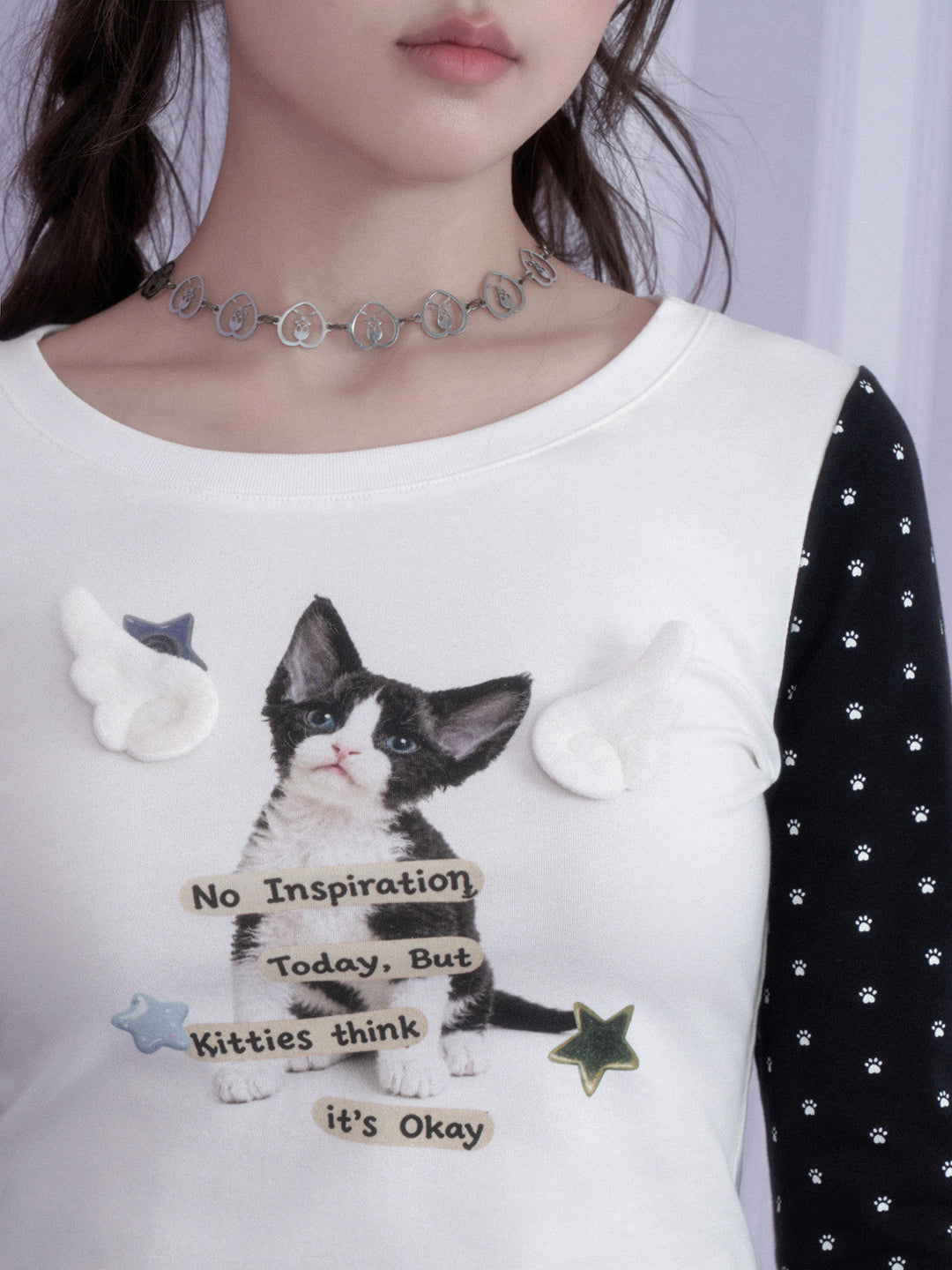 Y2K Cat Graphic Contrast Sleeve Top