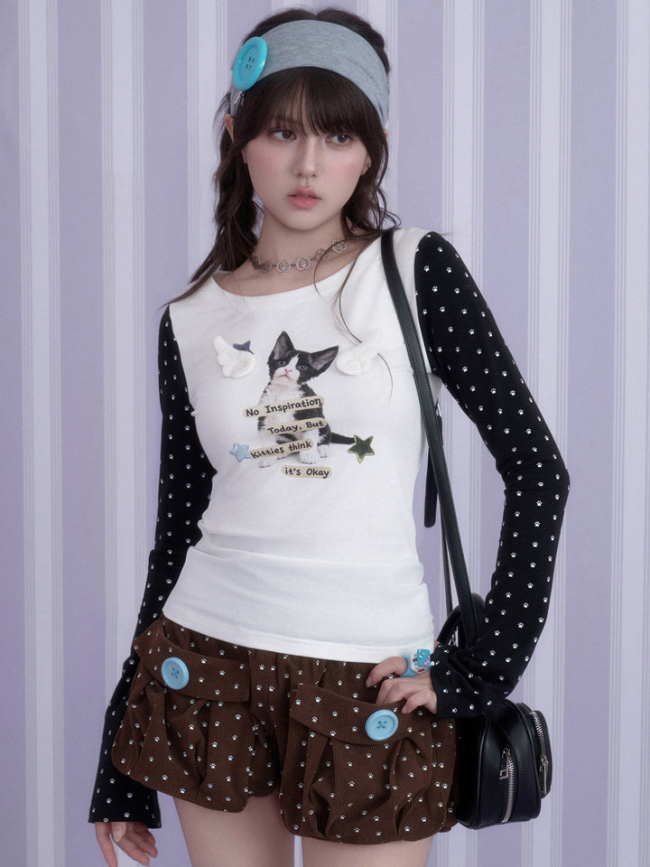 Y2K Cat Graphic Contrast Sleeve Top