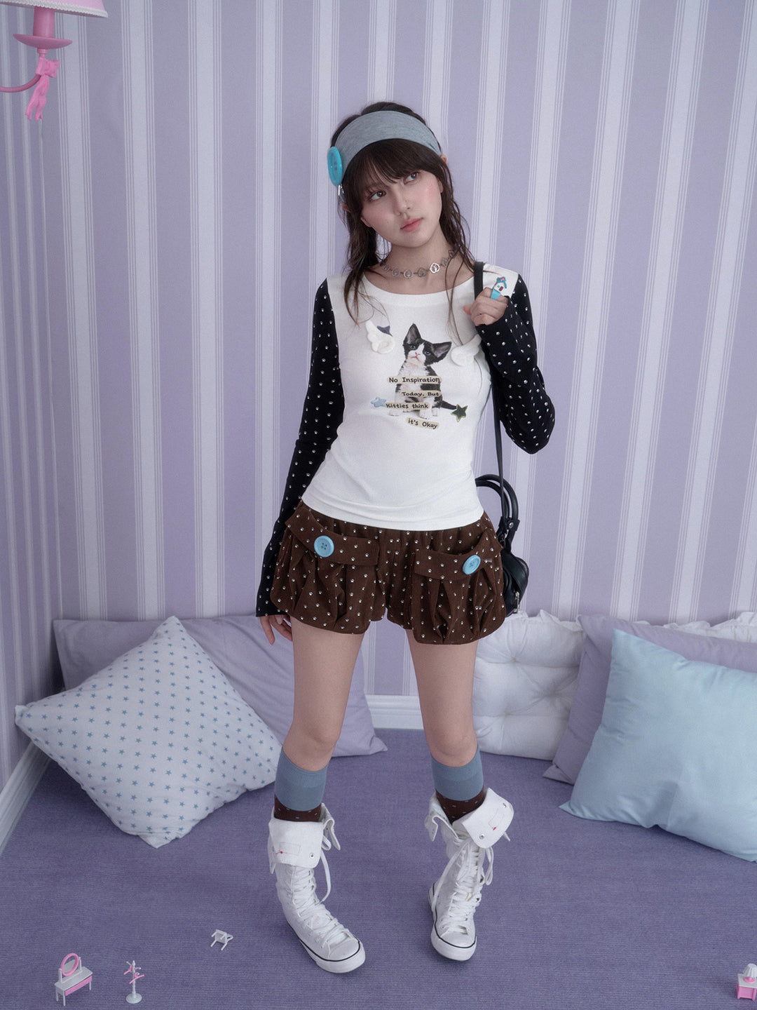 Y2K Cat Graphic Contrast Sleeve Top