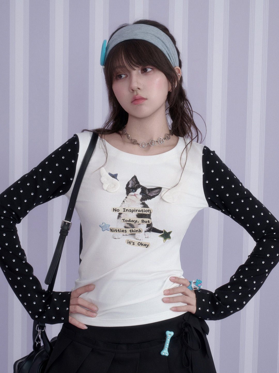 Y2K Cat Graphic Contrast Sleeve Top