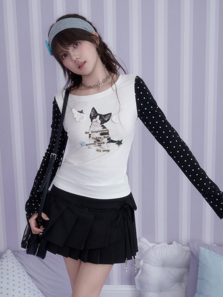 Y2K Cat Graphic Contrast Sleeve Top