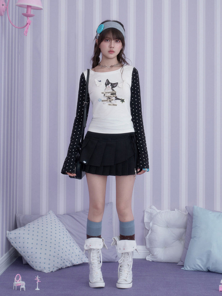 Y2K Cat Graphic Contrast Sleeve Top