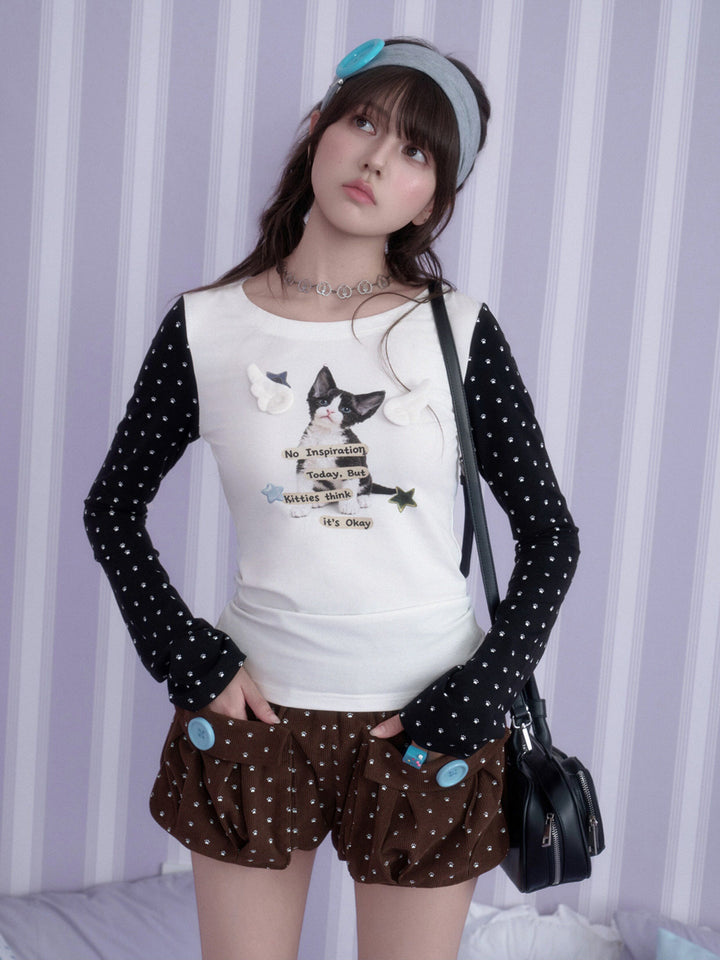 Y2K Cat Graphic Contrast Sleeve Top