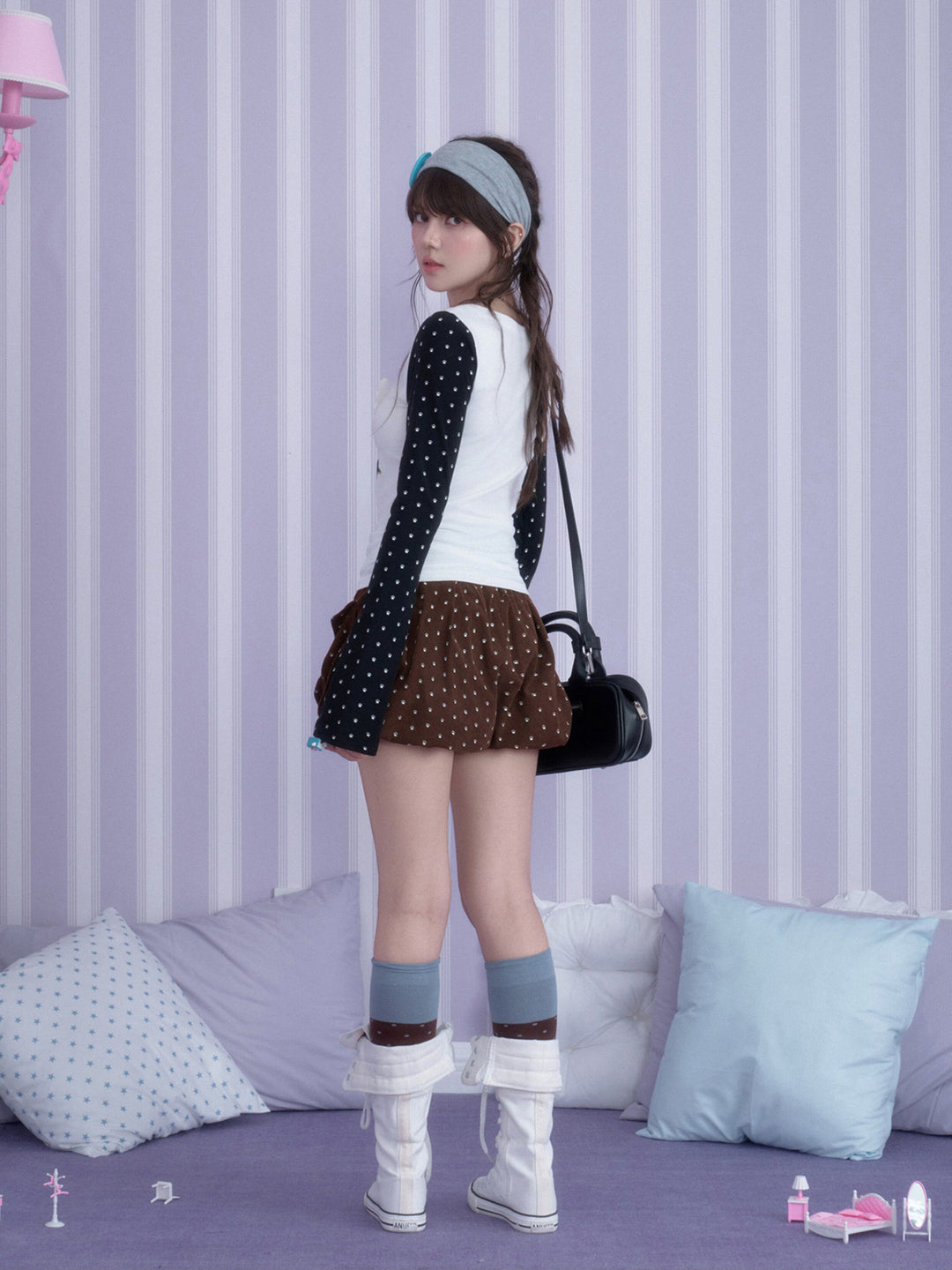 Y2K Cat Graphic Contrast Sleeve Top