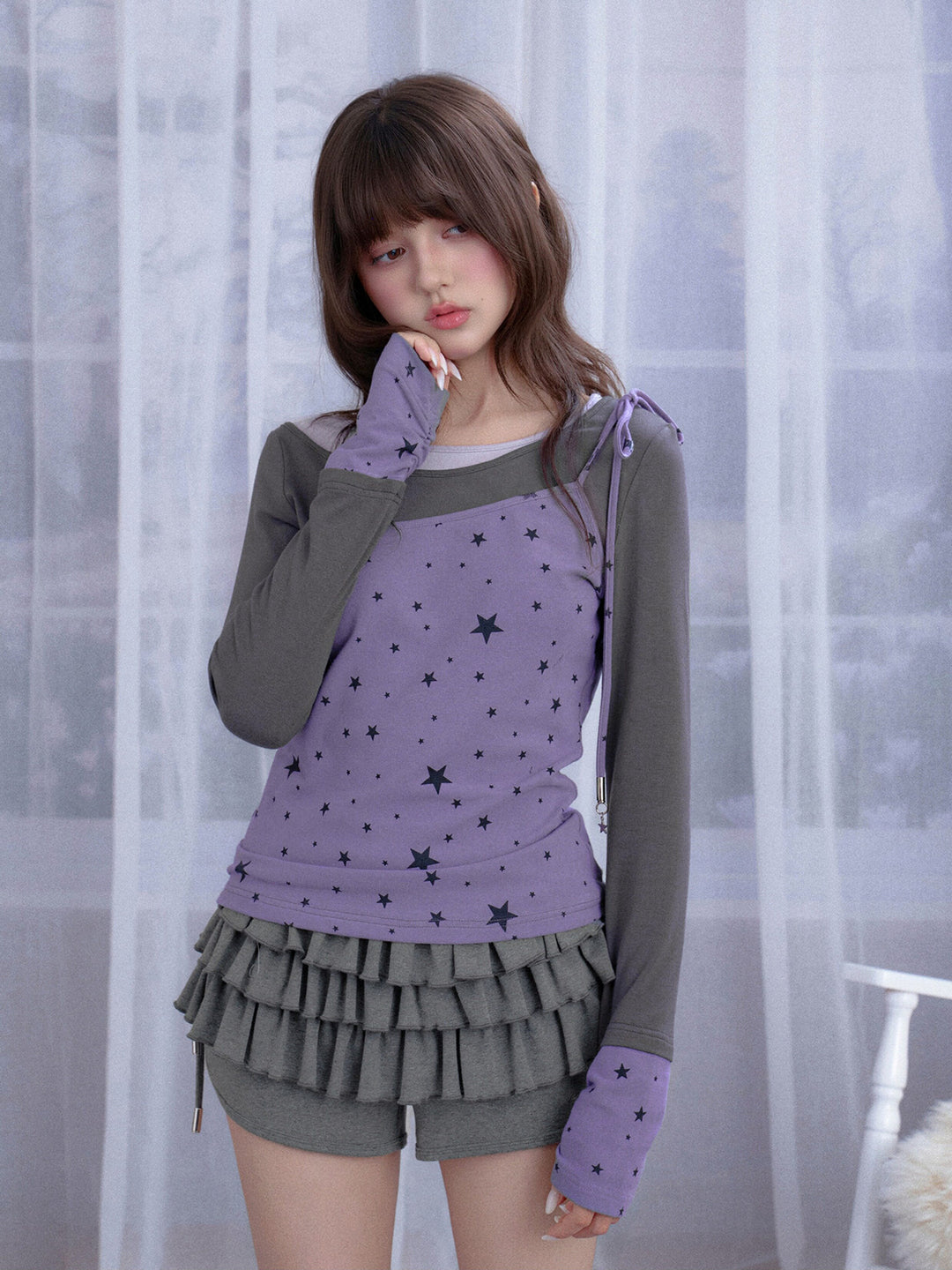 Y2K Asymmetric Tie-Shoulder Layered Top