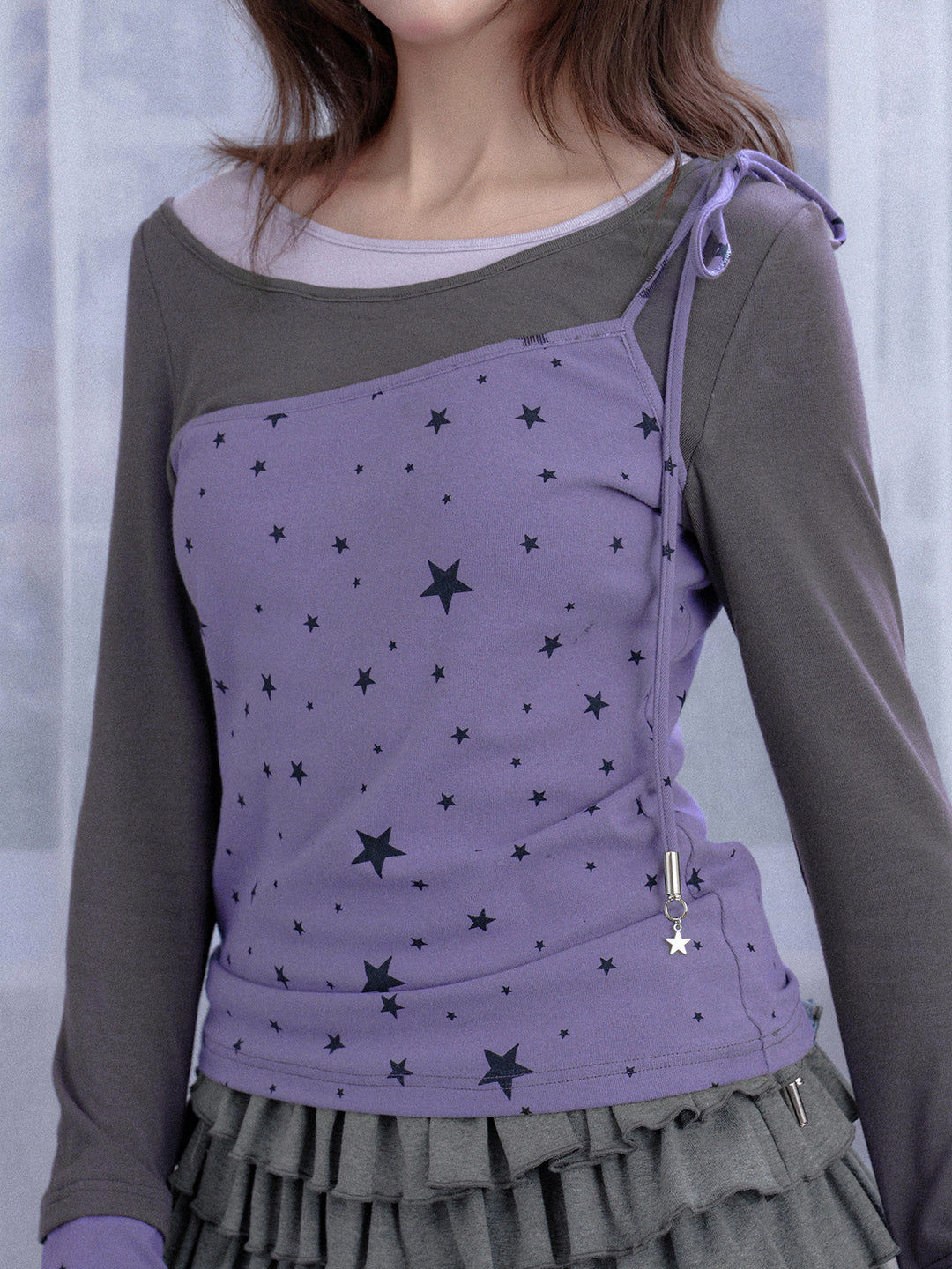 Y2K Asymmetric Tie-Shoulder Layered Top