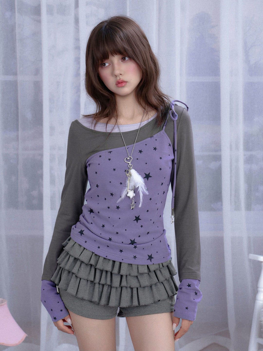 Y2K Asymmetric Tie-Shoulder Layered Top