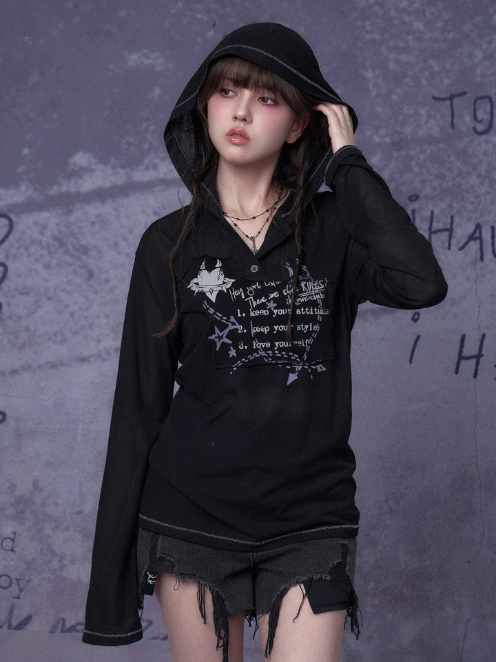 Grunge Graffiti Mesh Hooded Top