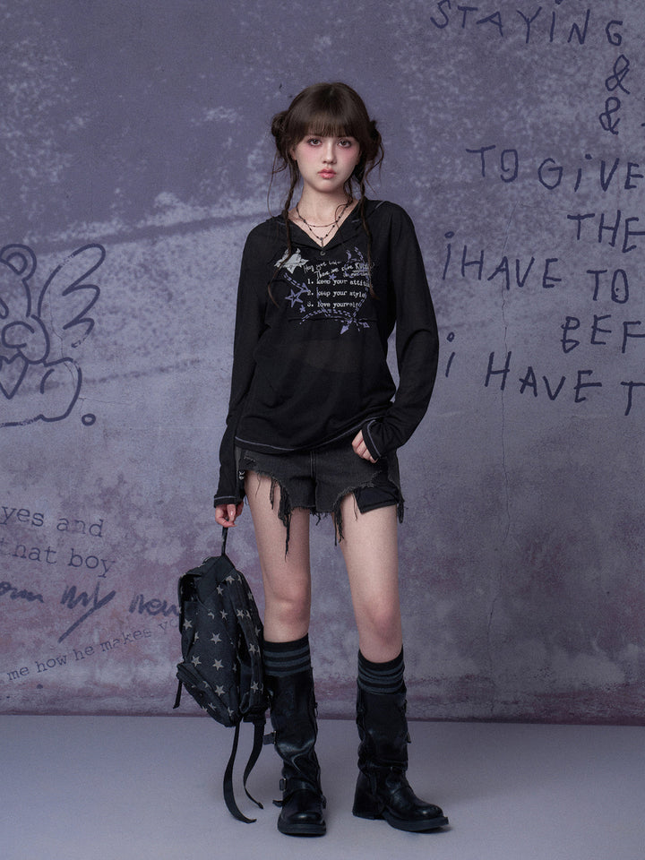 Grunge Graffiti Mesh Hooded Top
