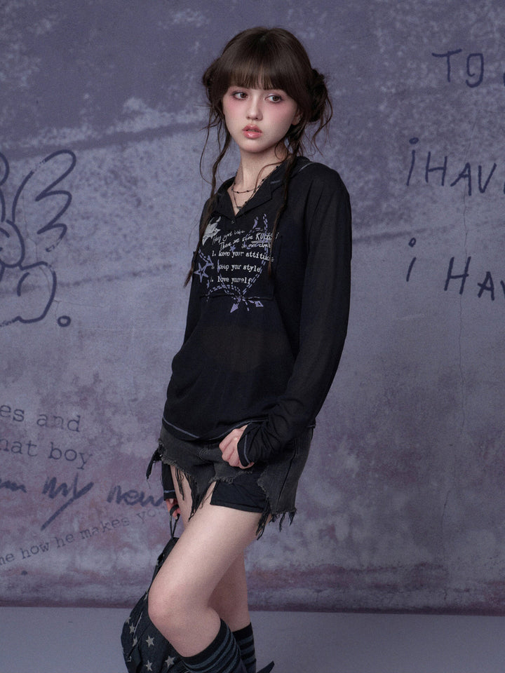 Grunge Graffiti Mesh Hooded Top