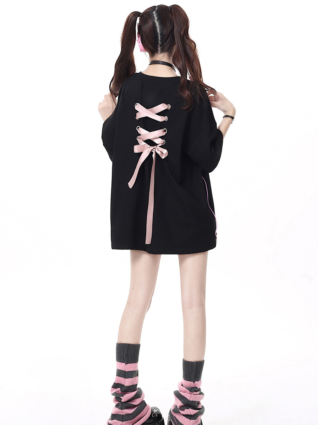 Coquette Ribbon Lace-Up Oversized T-Shirt
