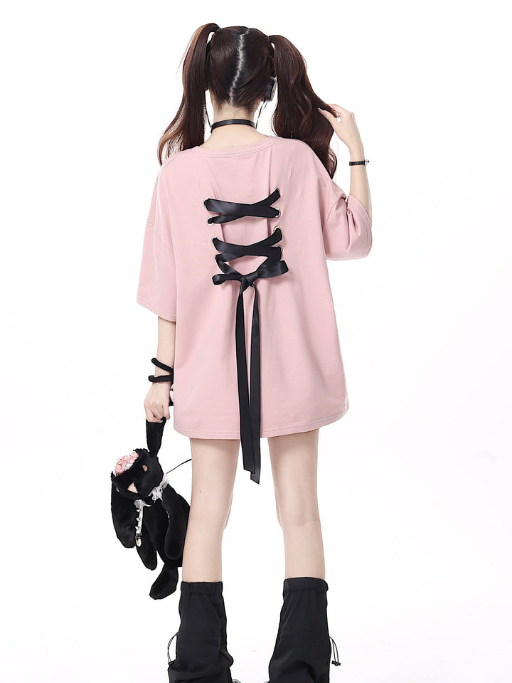 Coquette Ribbon Lace-Up Oversized T-Shirt