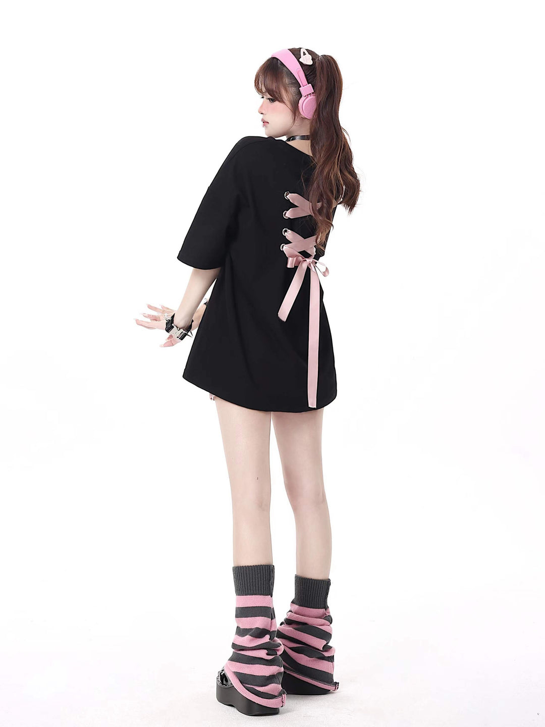 Coquette Ribbon Lace-Up Oversized T-Shirt
