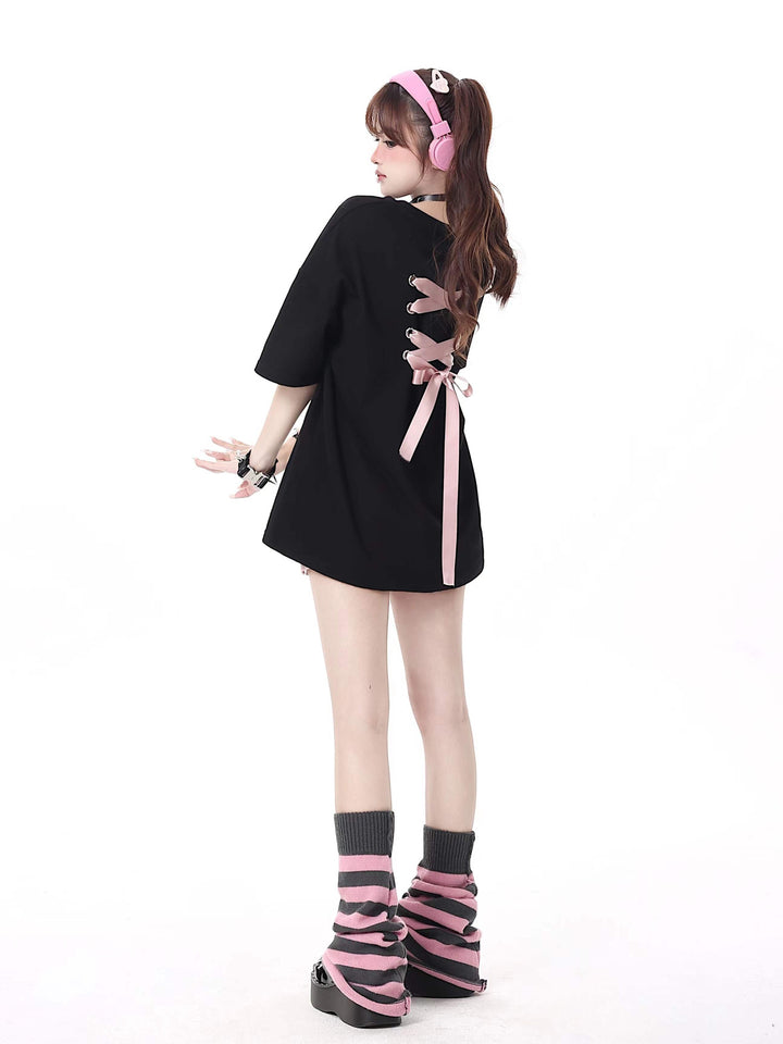 Coquette Ribbon Lace-Up Oversized T-Shirt