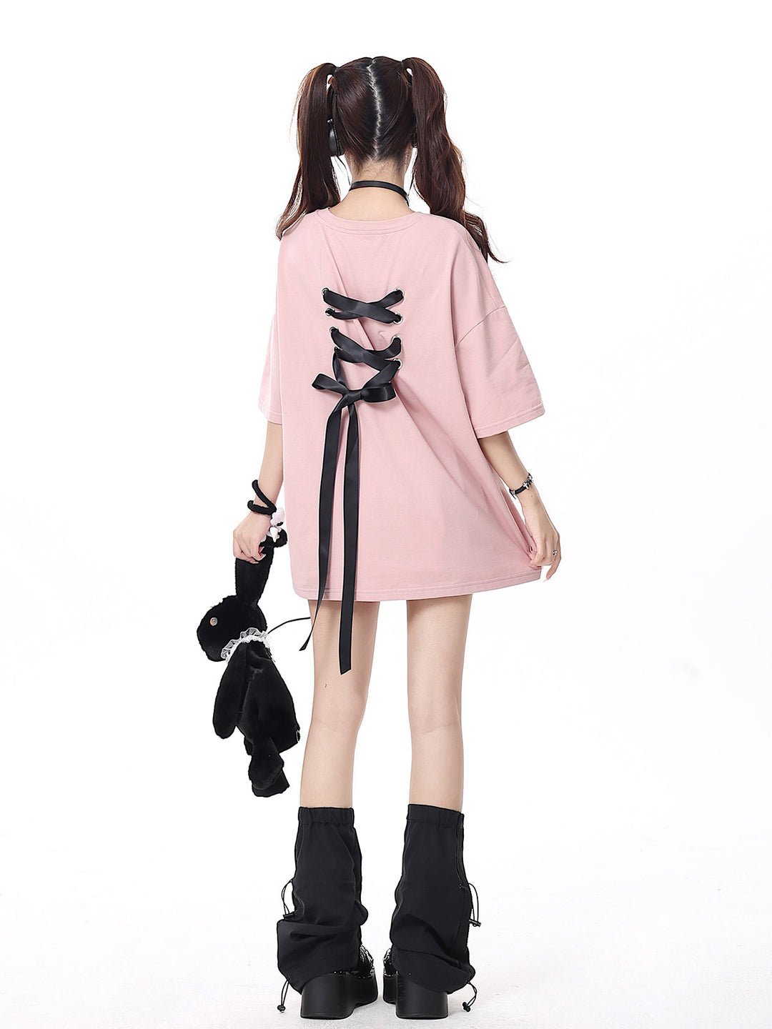 Coquette Ribbon Lace-Up Oversized T-Shirt