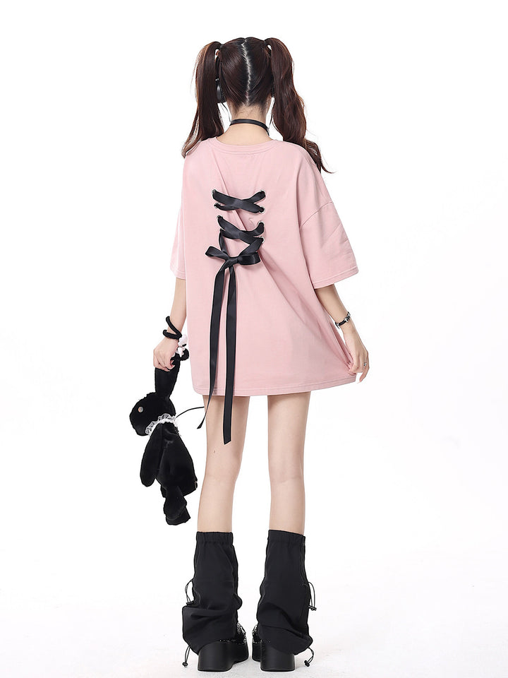 Coquette Ribbon Lace-Up Oversized T-Shirt