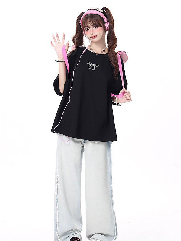 Coquette Ribbon Lace-Up Oversized T-Shirt