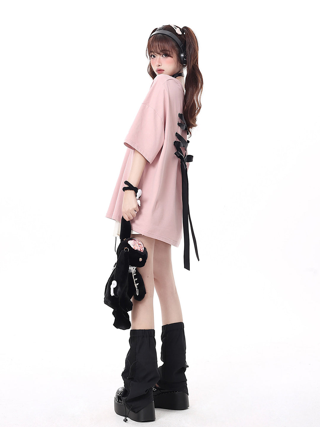 Coquette Ribbon Lace-Up Oversized T-Shirt